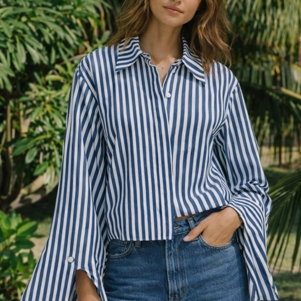 Petersyn blue and white striped cotton wide sleeve button blouse